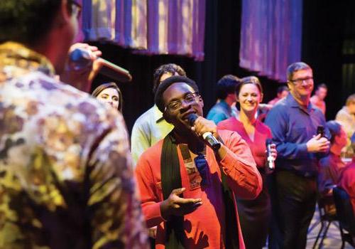 Students Julian Cary and Jafet Bucaram are featured soloists with Vocal Lab and Percussion Ensemble. Photo by Woody Myers